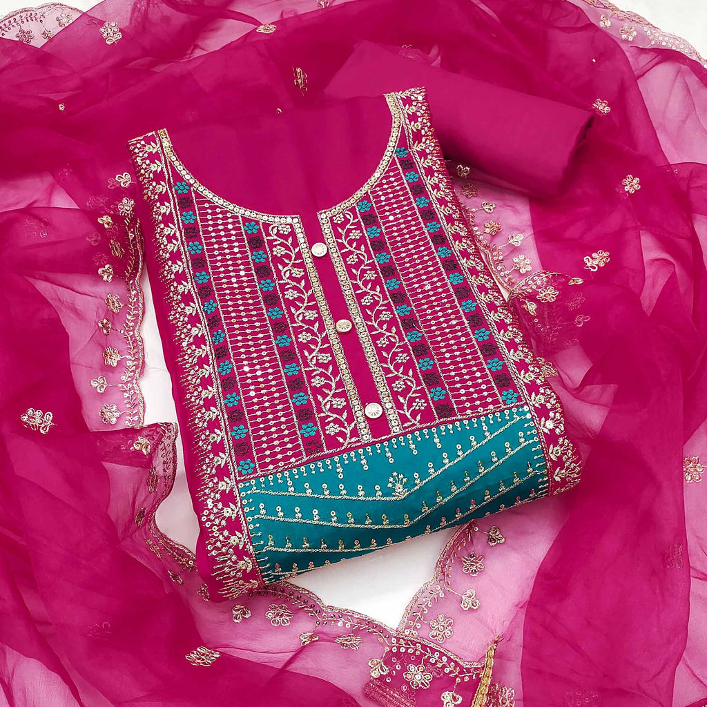 Pink Floral Sequins Embroidered Roman Cotton Silk Dress Material