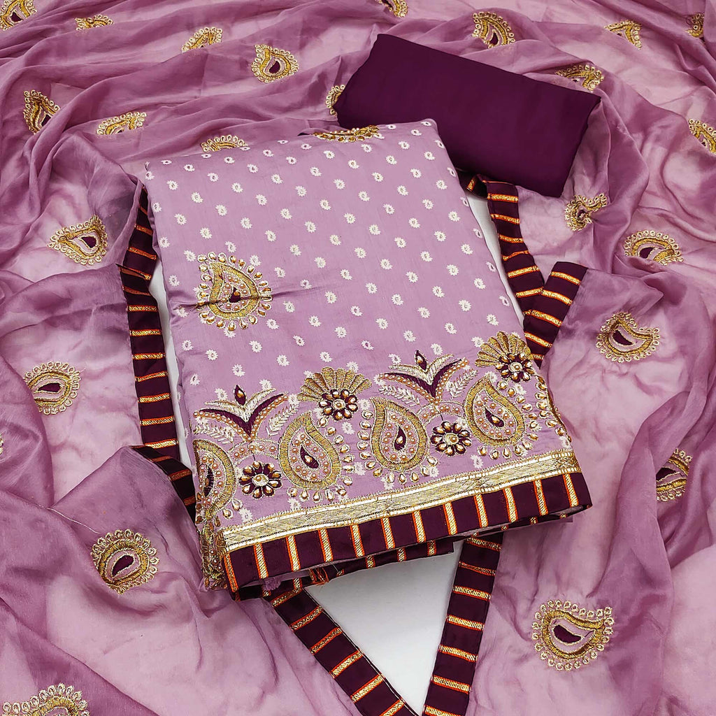 Light Purple Zari Embroidery With Handwork Roman Cotton Silk Dress Material