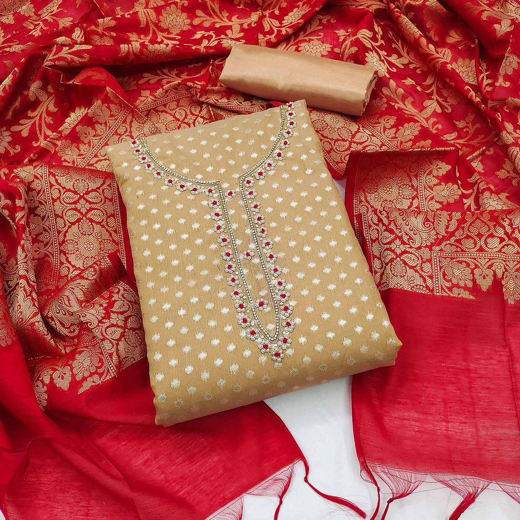 Beige Floral Woven With Handwork Banarasi Silk Jacquard Dress Material