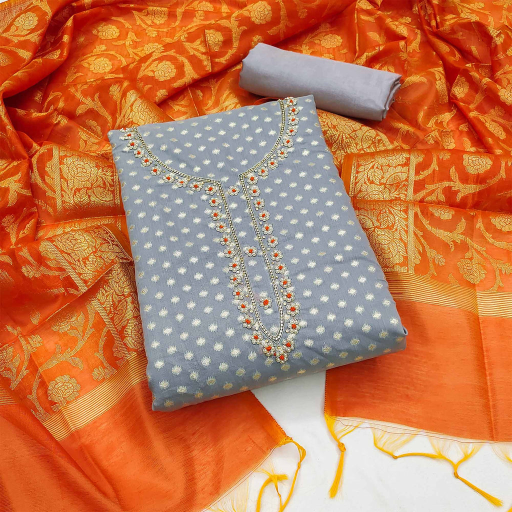 Grey Floral Woven With Handwork Banarasi Silk Jacquard Dress Material