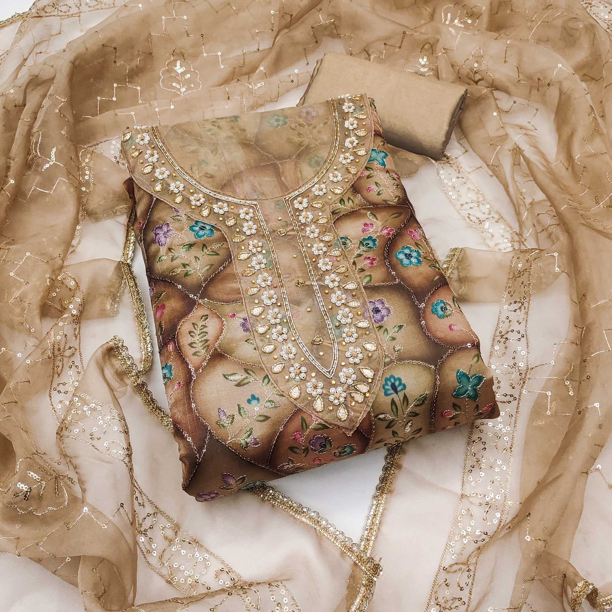 Light Brown Floral Sequins Embroidery With Handwork Organza Dress Material