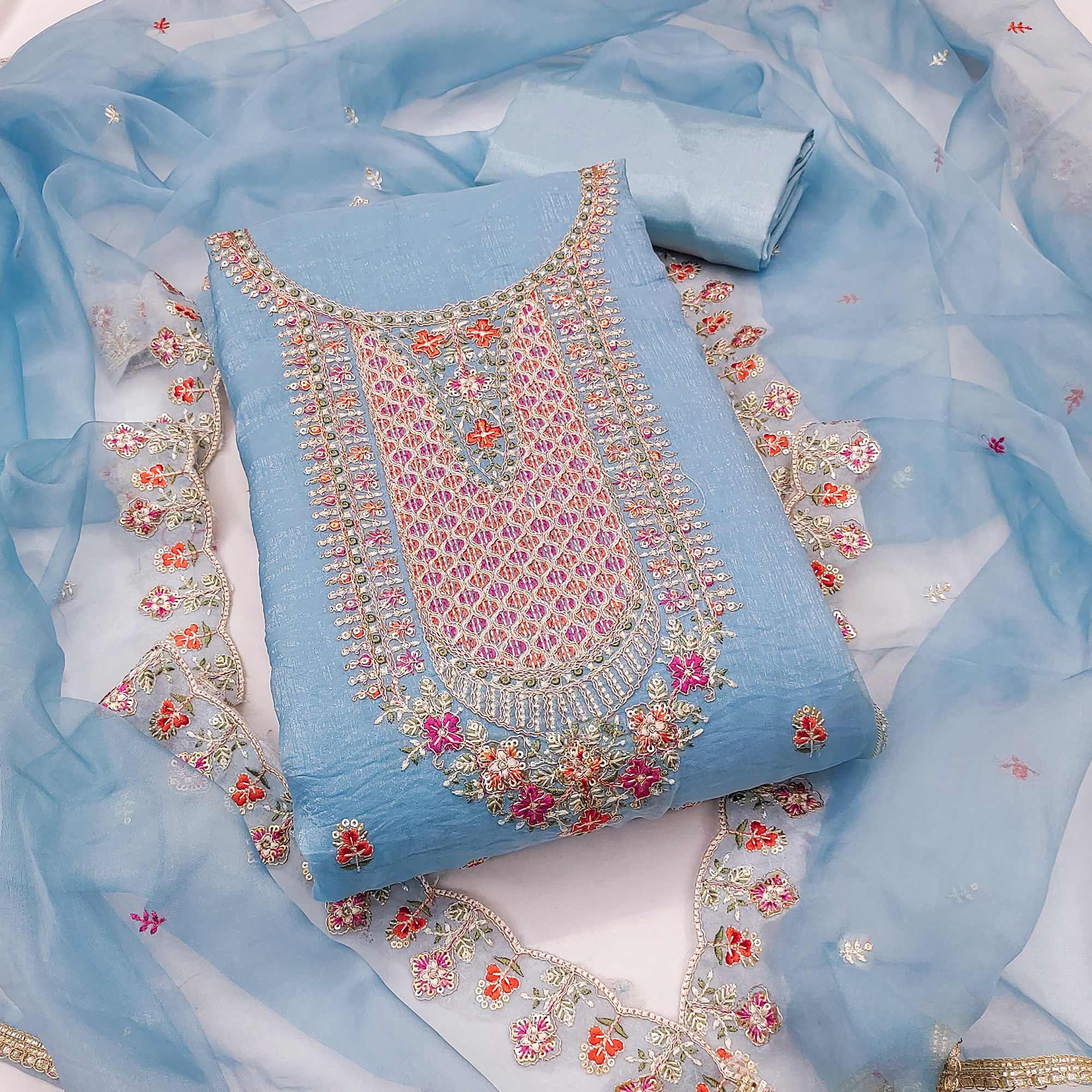 Blue Floral Sequins Embroidery Viscose Dress Material