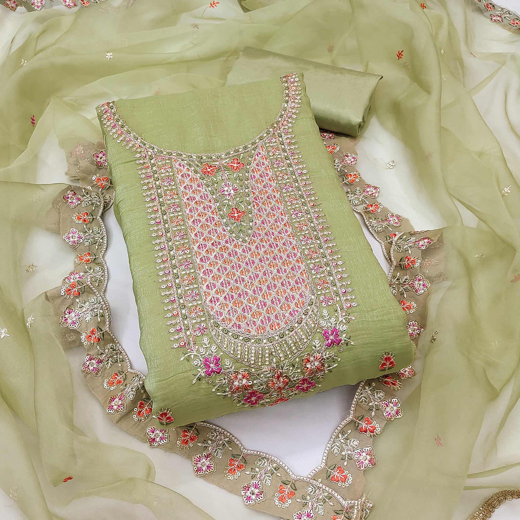 Green Floral Sequins Embroidery Viscose Dress Material