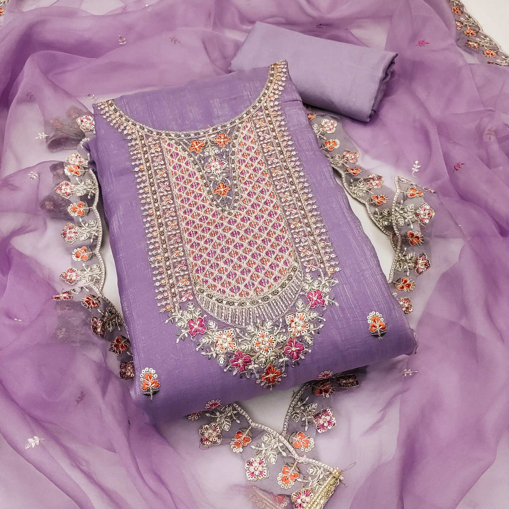 Lavender Floral Sequins Embroidery Viscose Dress Material