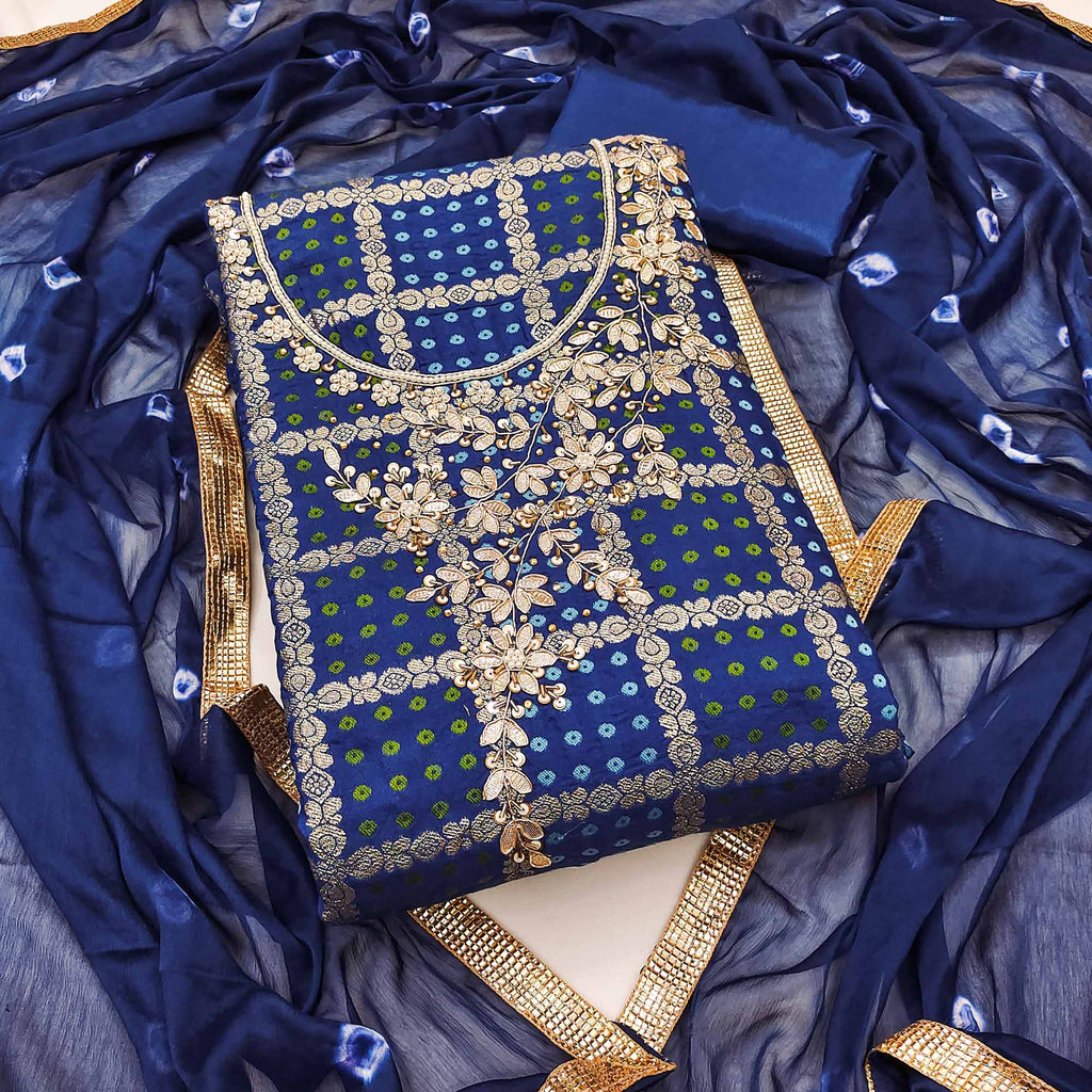 Blue Bandhani Woven With Handwork Cotton Silk Banarasi Dress Material