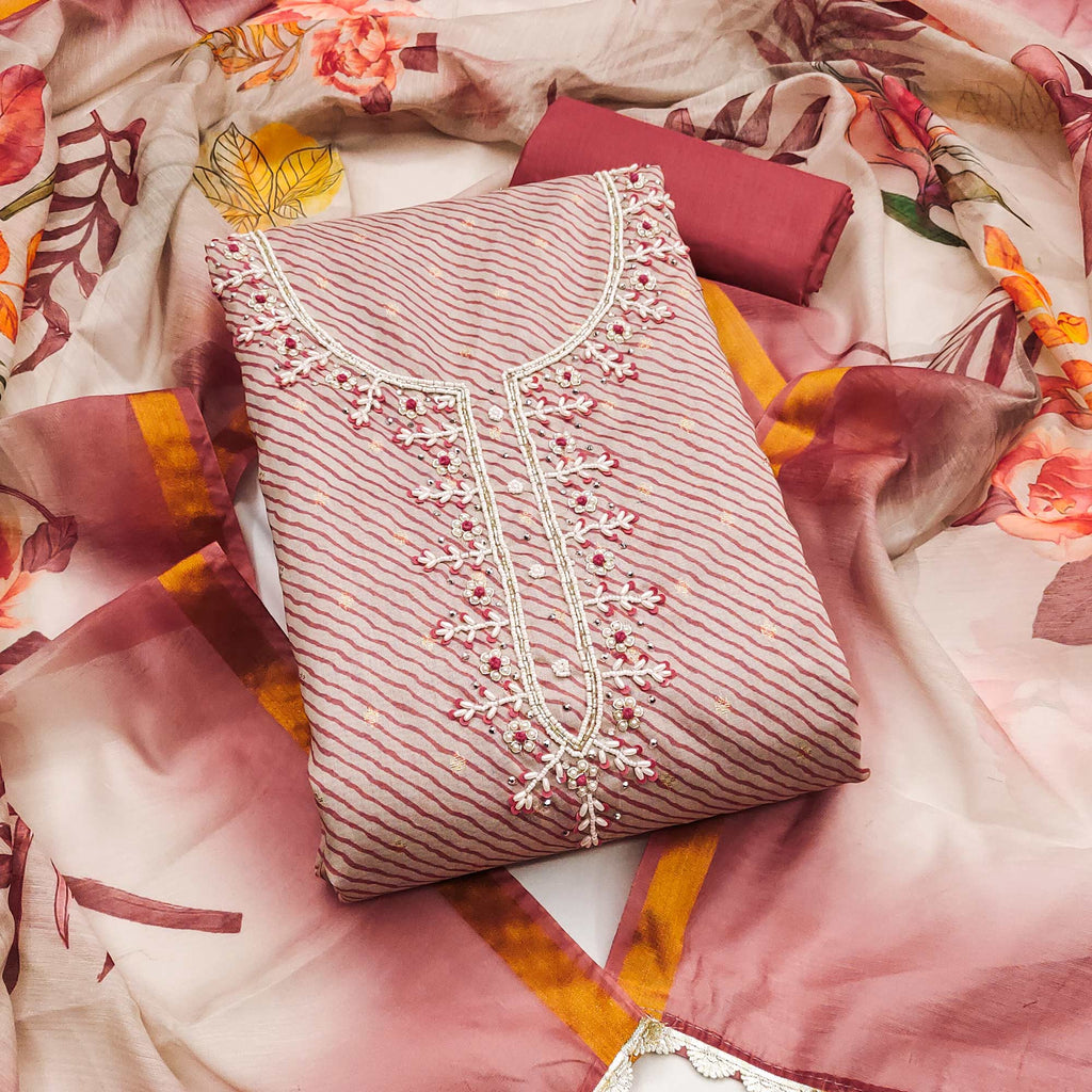 Dark Peach Digital Printed With Handwork Modal Chanderi Silk Dress Material