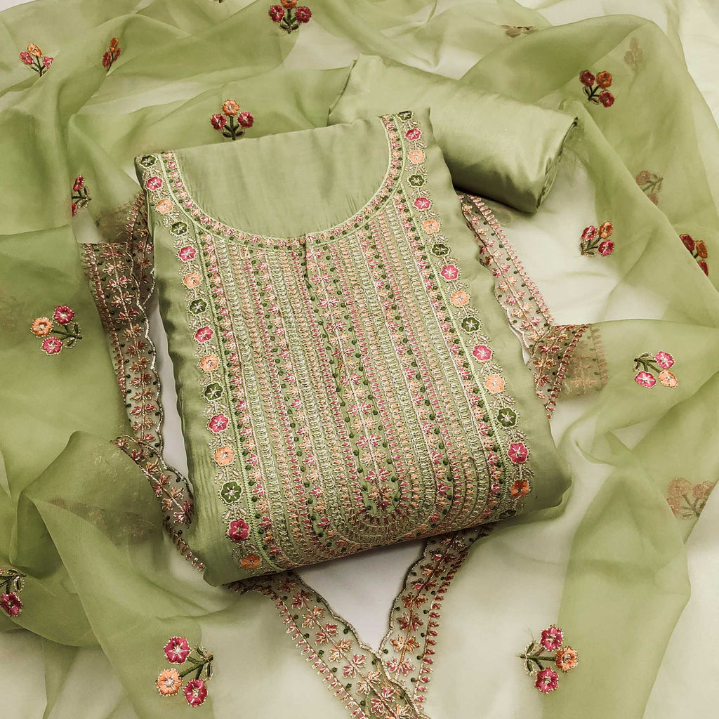Green Floral Embroidered Roman Cotton Silk Dress Material