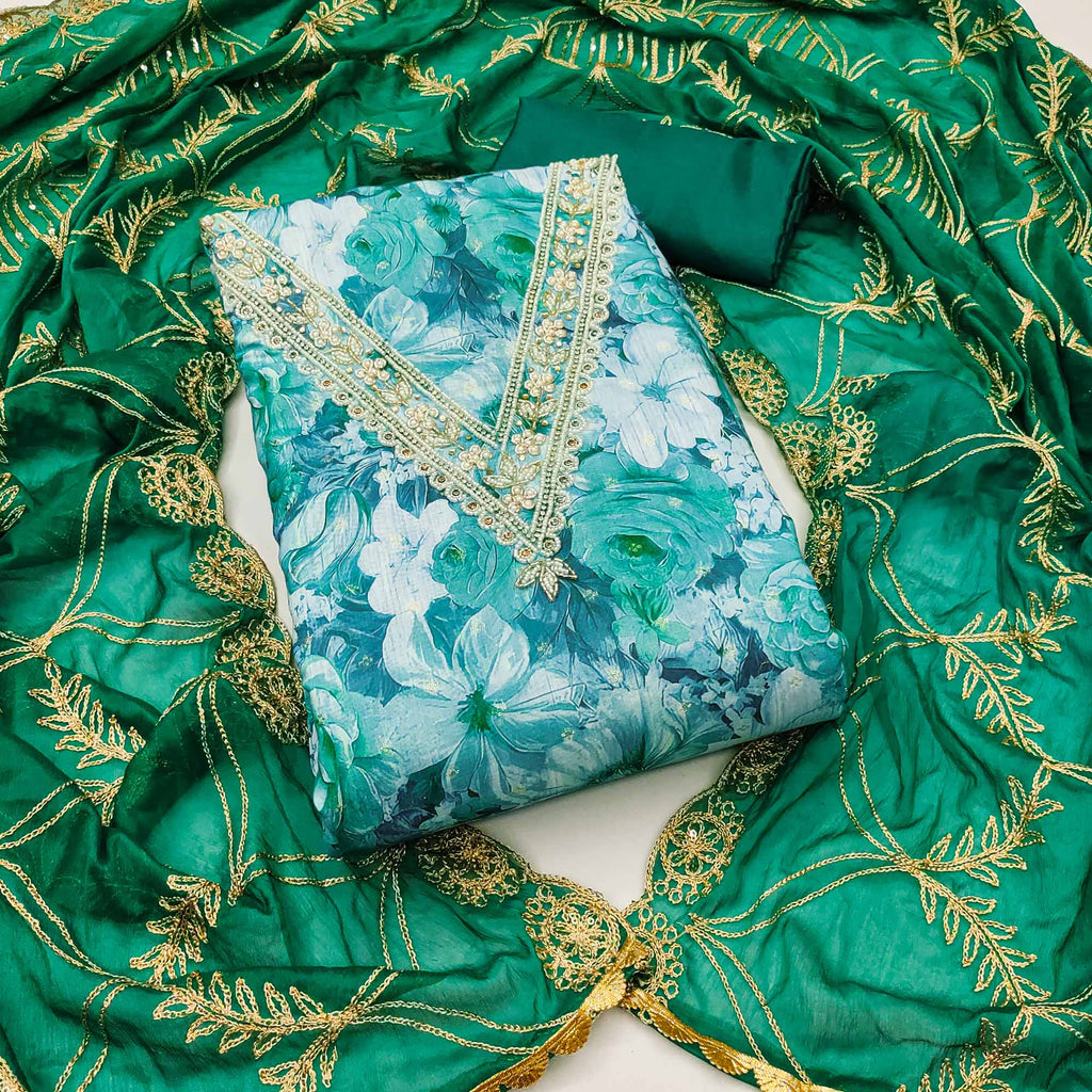 Green Digital Printed With Handwork Viscose Banarasi Dress Material