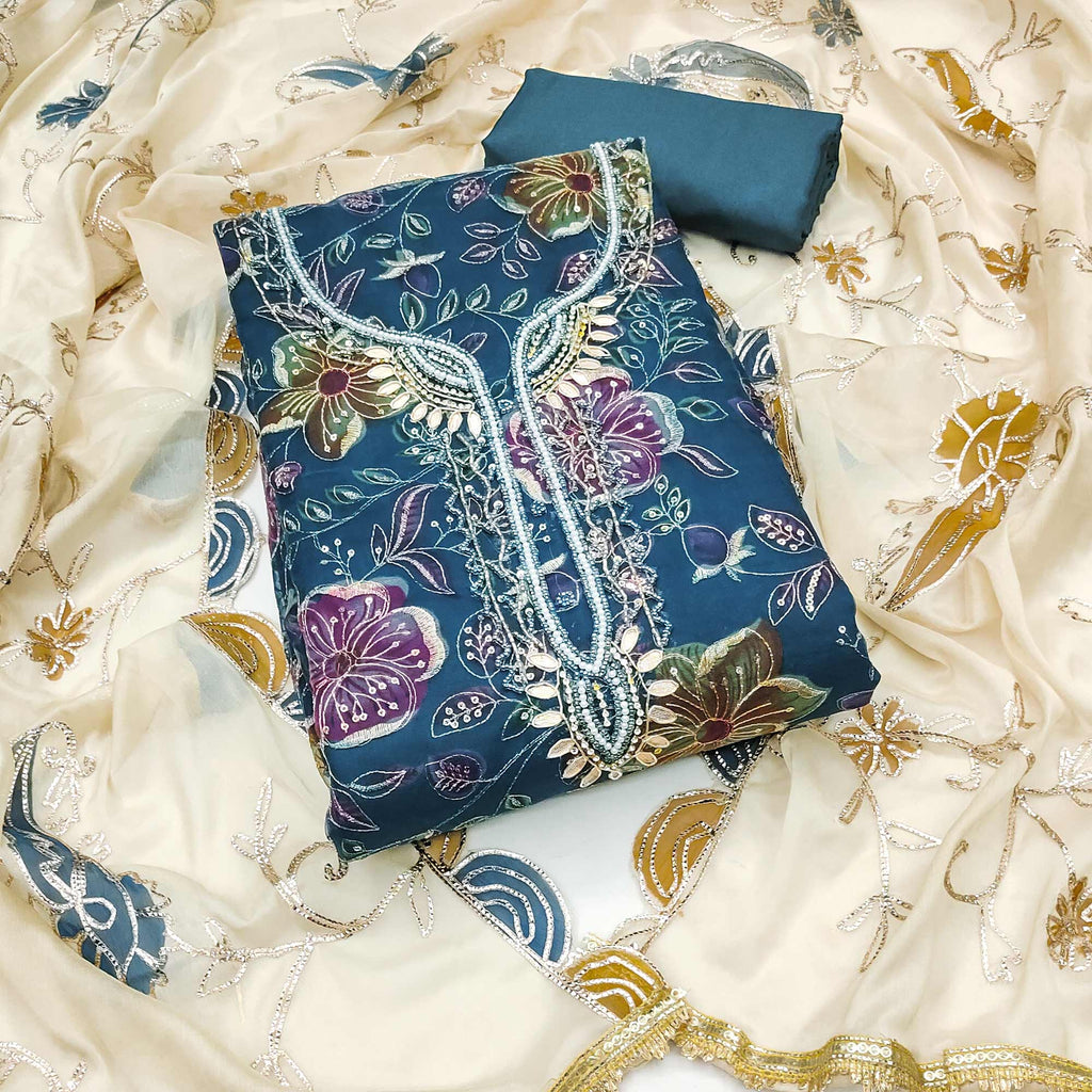 Blue Sequins Embroidery With Handwork Organza Dress Material