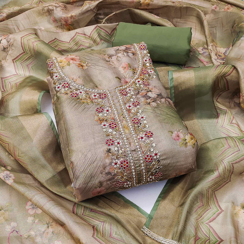 Green Floral Digital Printed With Handwork Viscose Dress Material