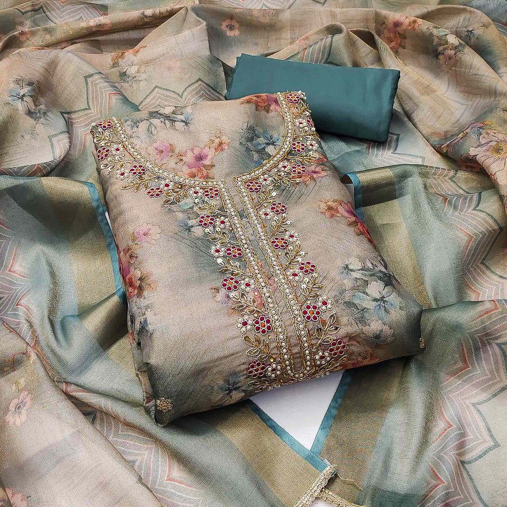 Morpich Floral Digital Printed With Handwork Viscose Dress Material