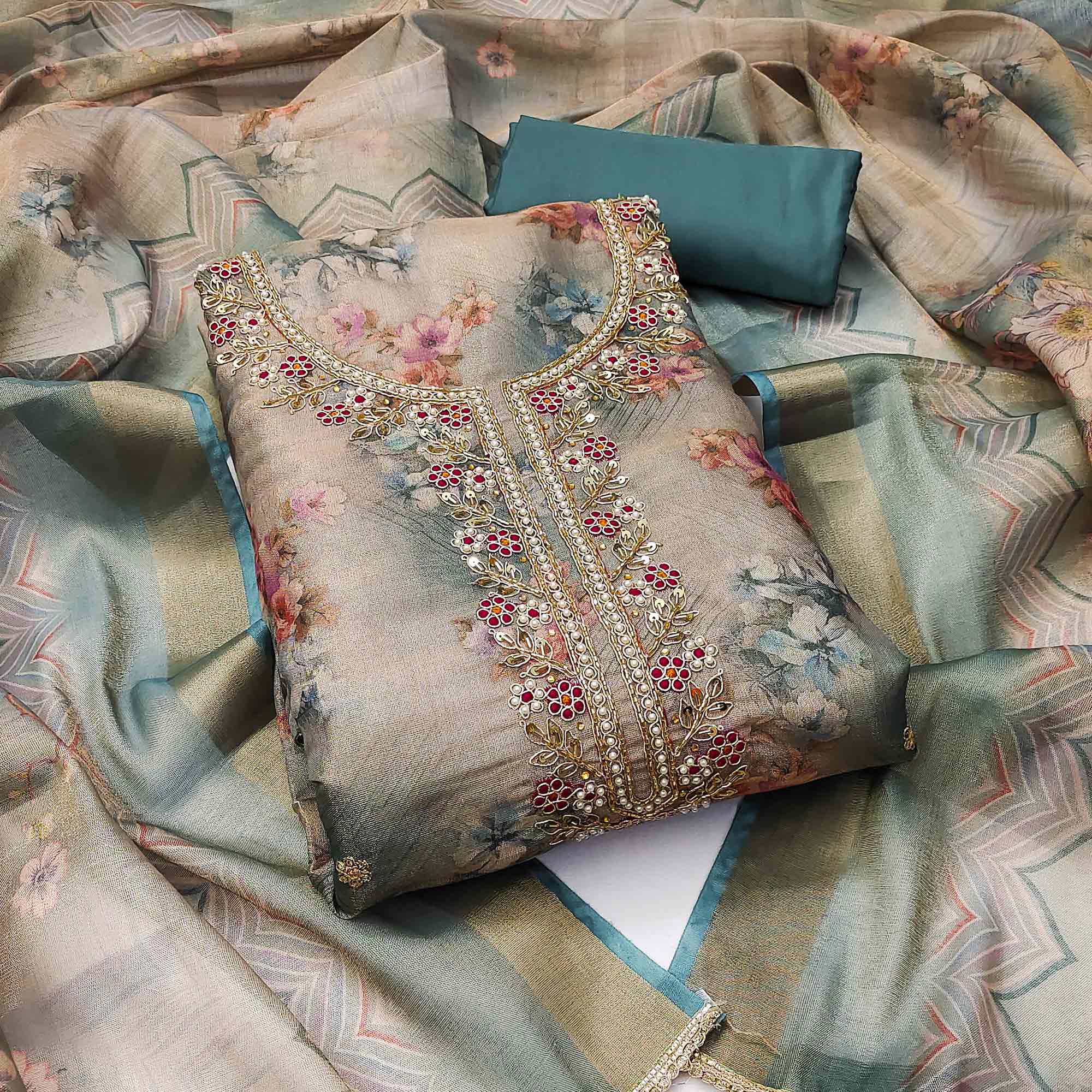 Morpich Floral Digital Printed With Handwork Viscose Dress Material