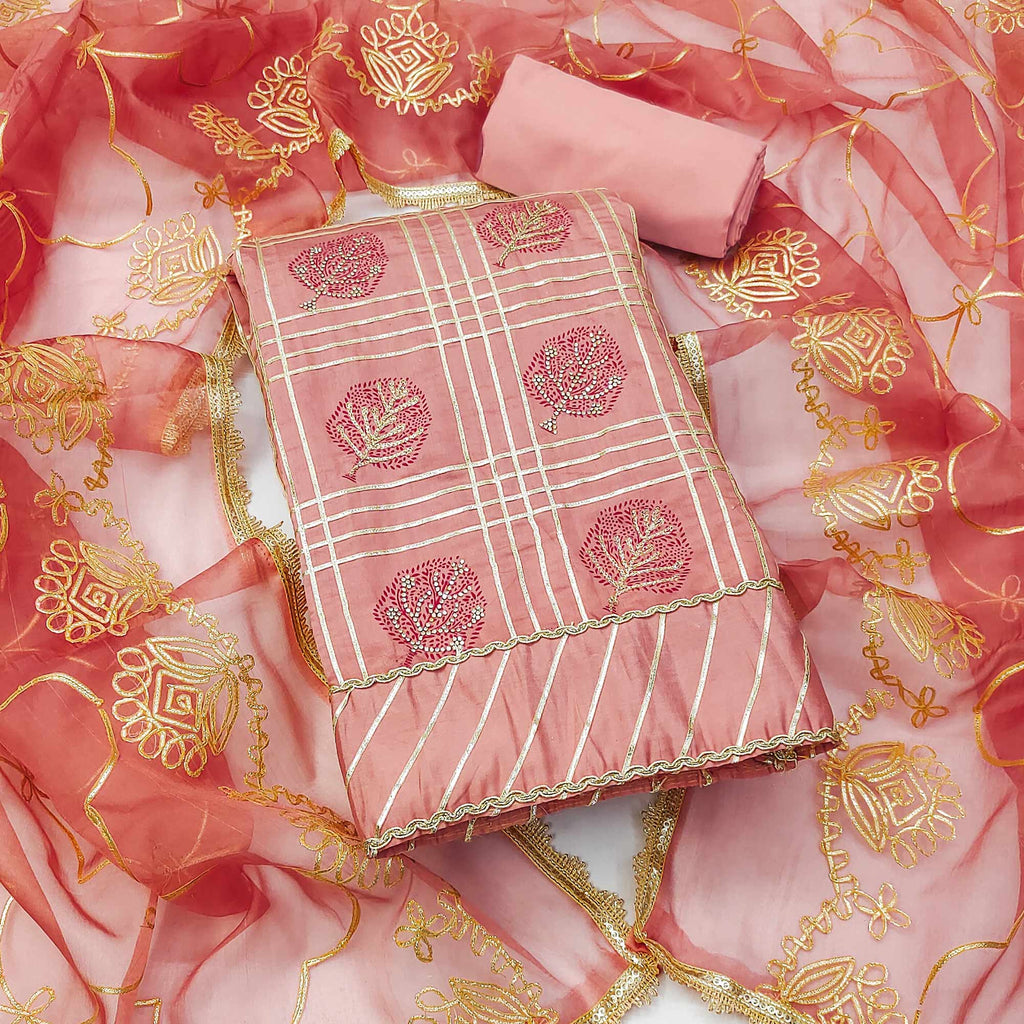 Peach Printed With Gota Patti & Stonework Roman Cotton Silk Dress Material