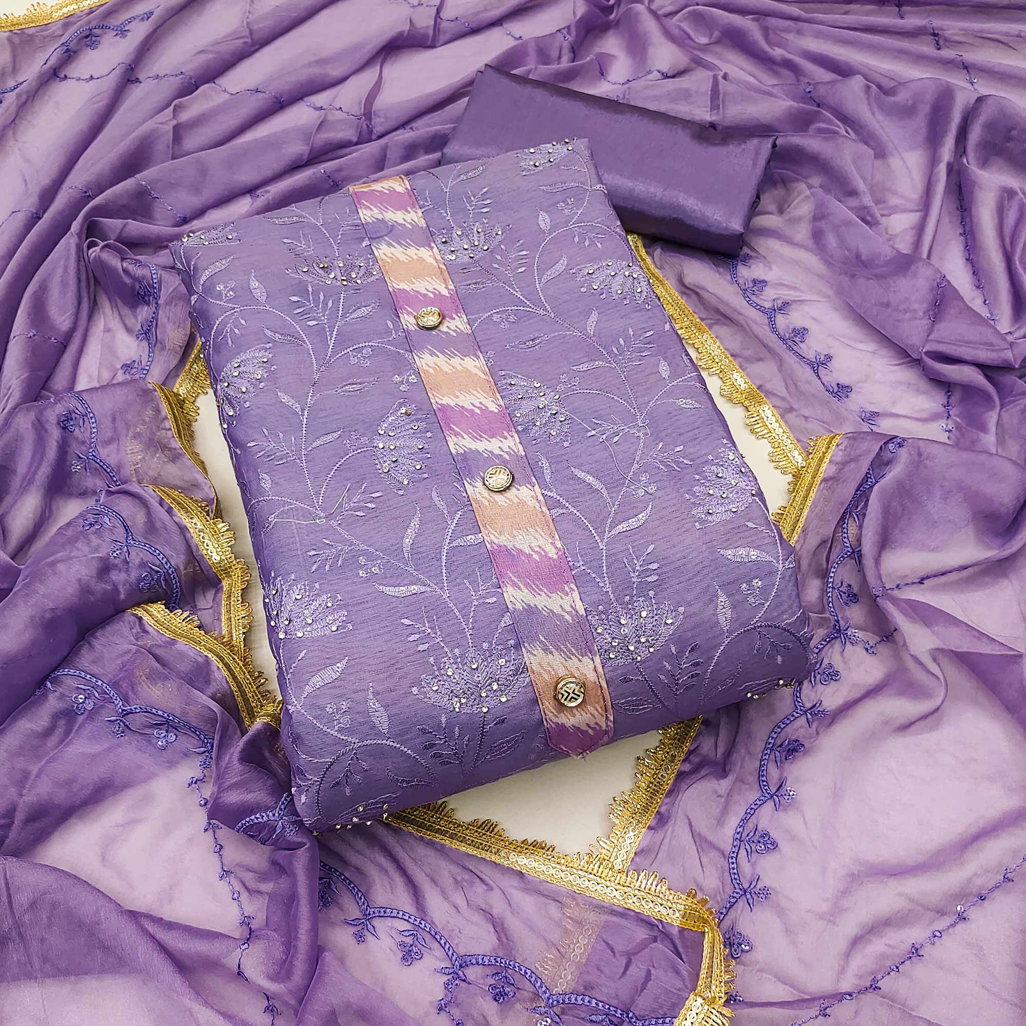 Lavender Floral Embroidery With Digital Printed Chanderi Silk Dress Material