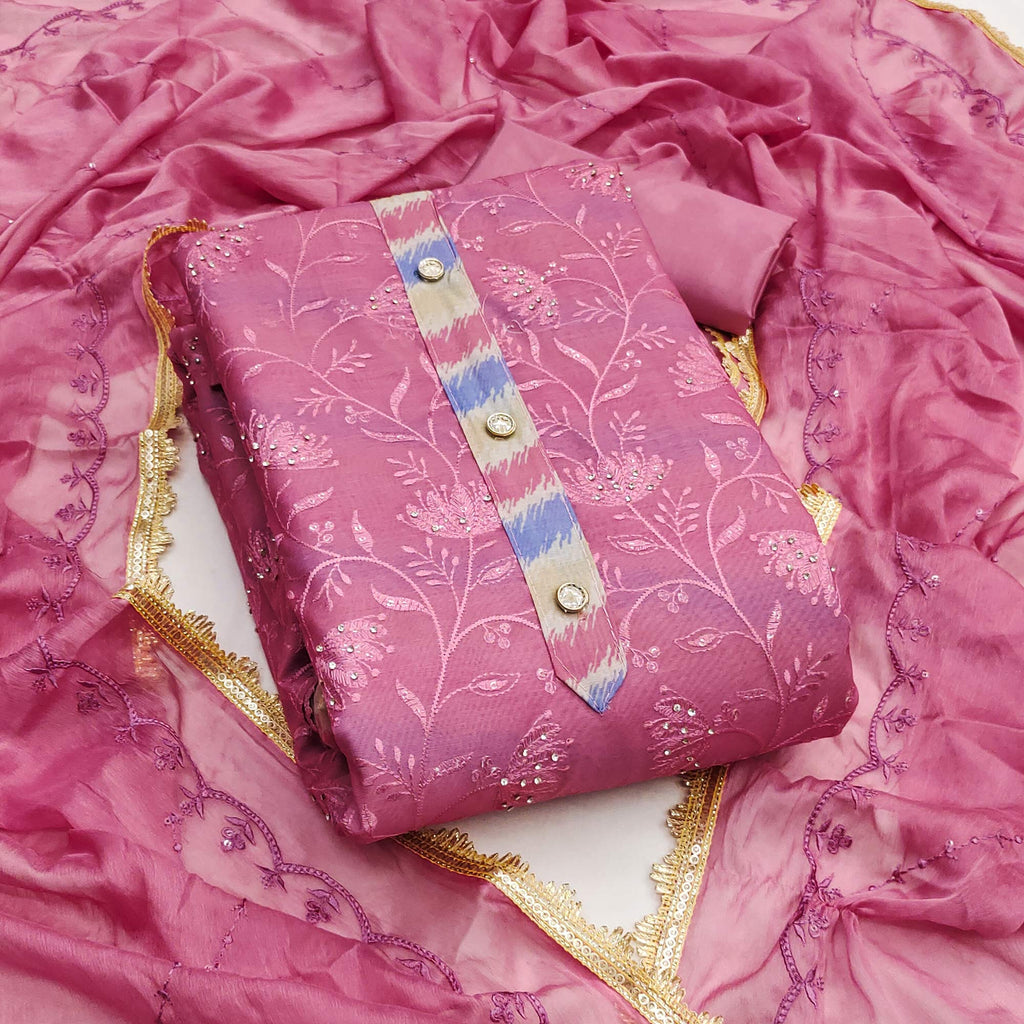 Pink Floral Embroidery With Digital Printed Chanderi Silk Dress Material