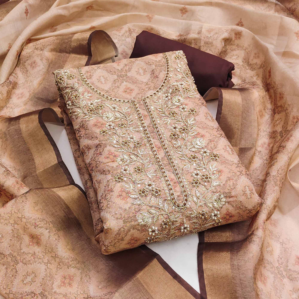 Light Peach Digital Printed With Hand Embroidered Cotton Silk Dress Material