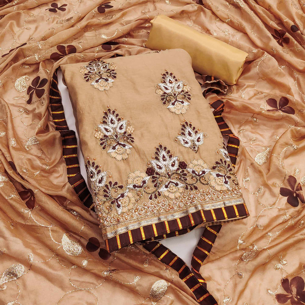 Chikoo Floral Embroidery With Moti Handwork Chanderi Silk Dress Material