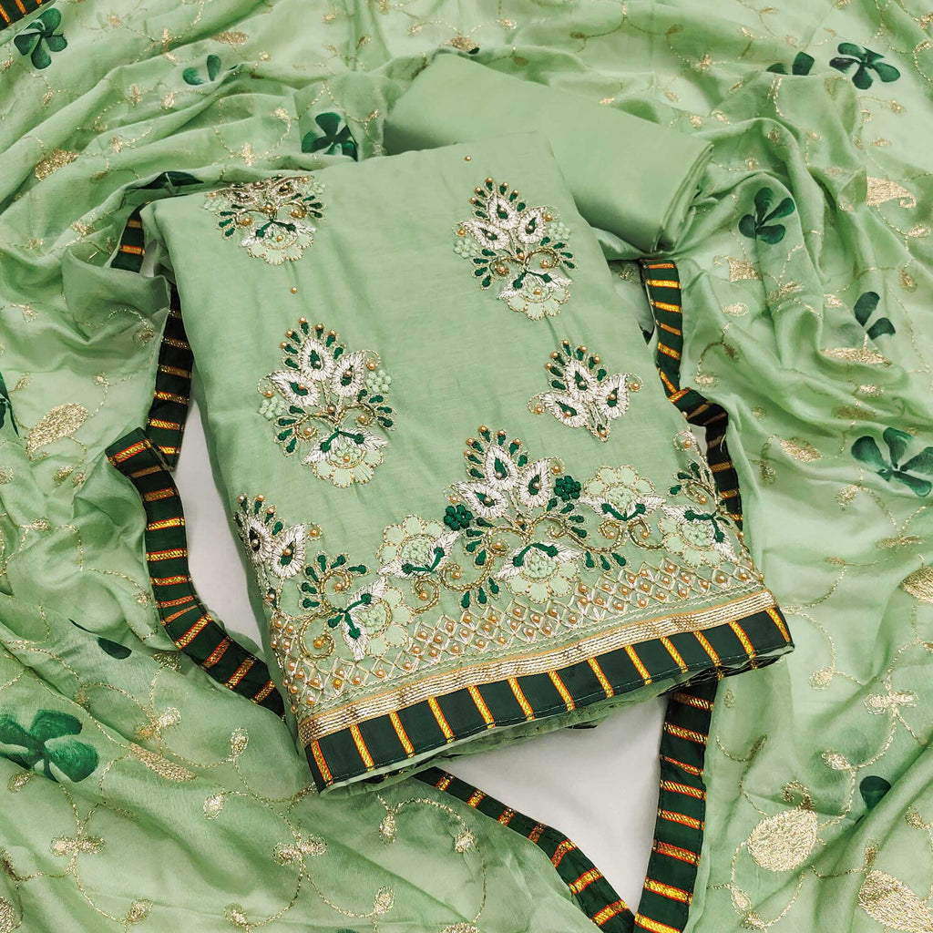 Green Floral Embroidery With Moti Handwork Chanderi Silk Dress Material