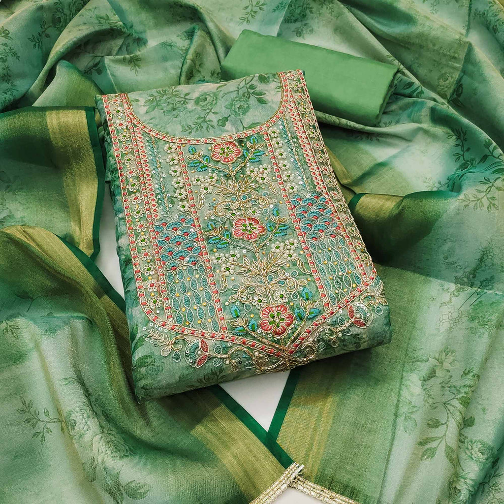 Green Floral Digital Printed With Moti Handwork Cotton Silk Dress Material