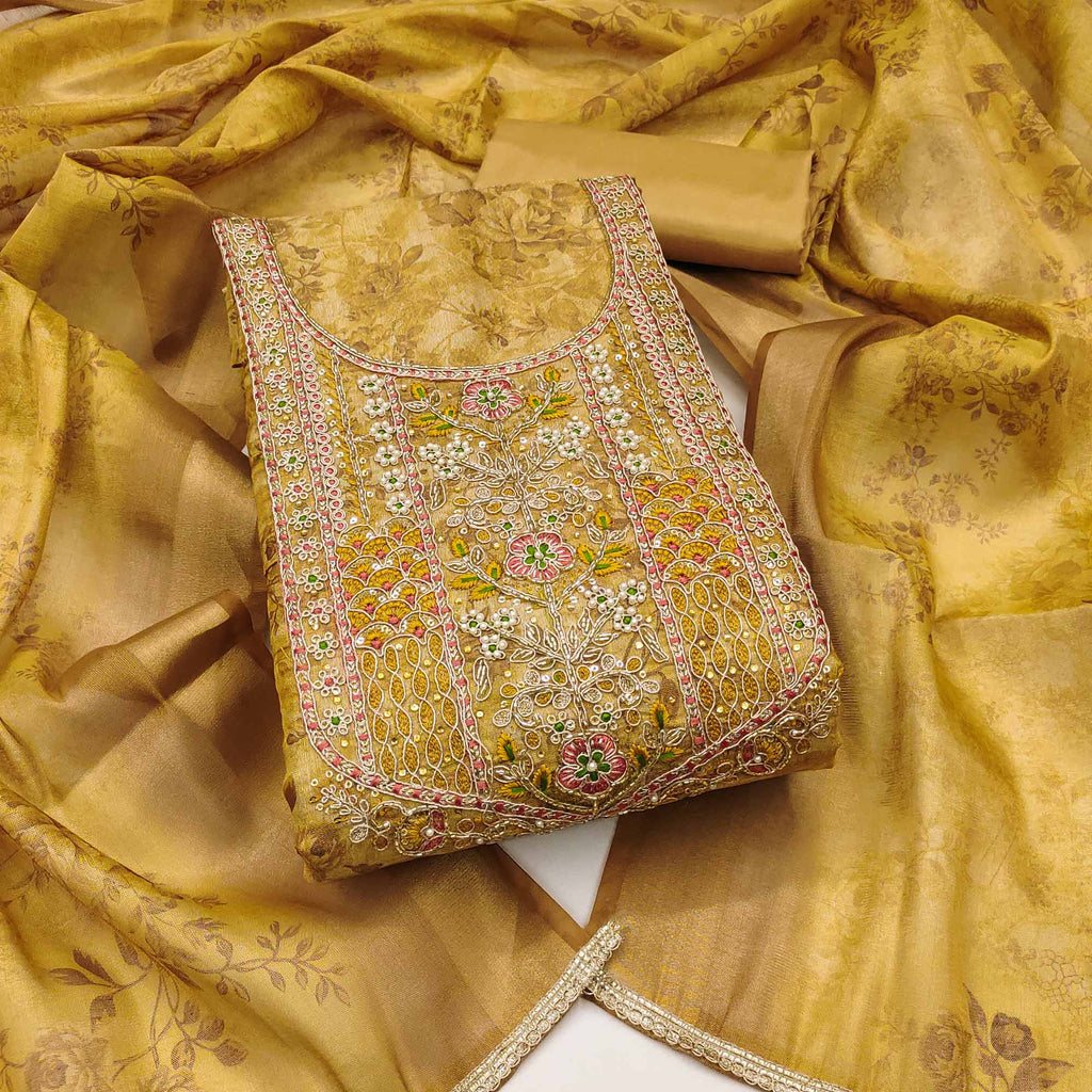 Mustard Floral Digital Printed With Moti Handwork Cotton Silk Dress Material