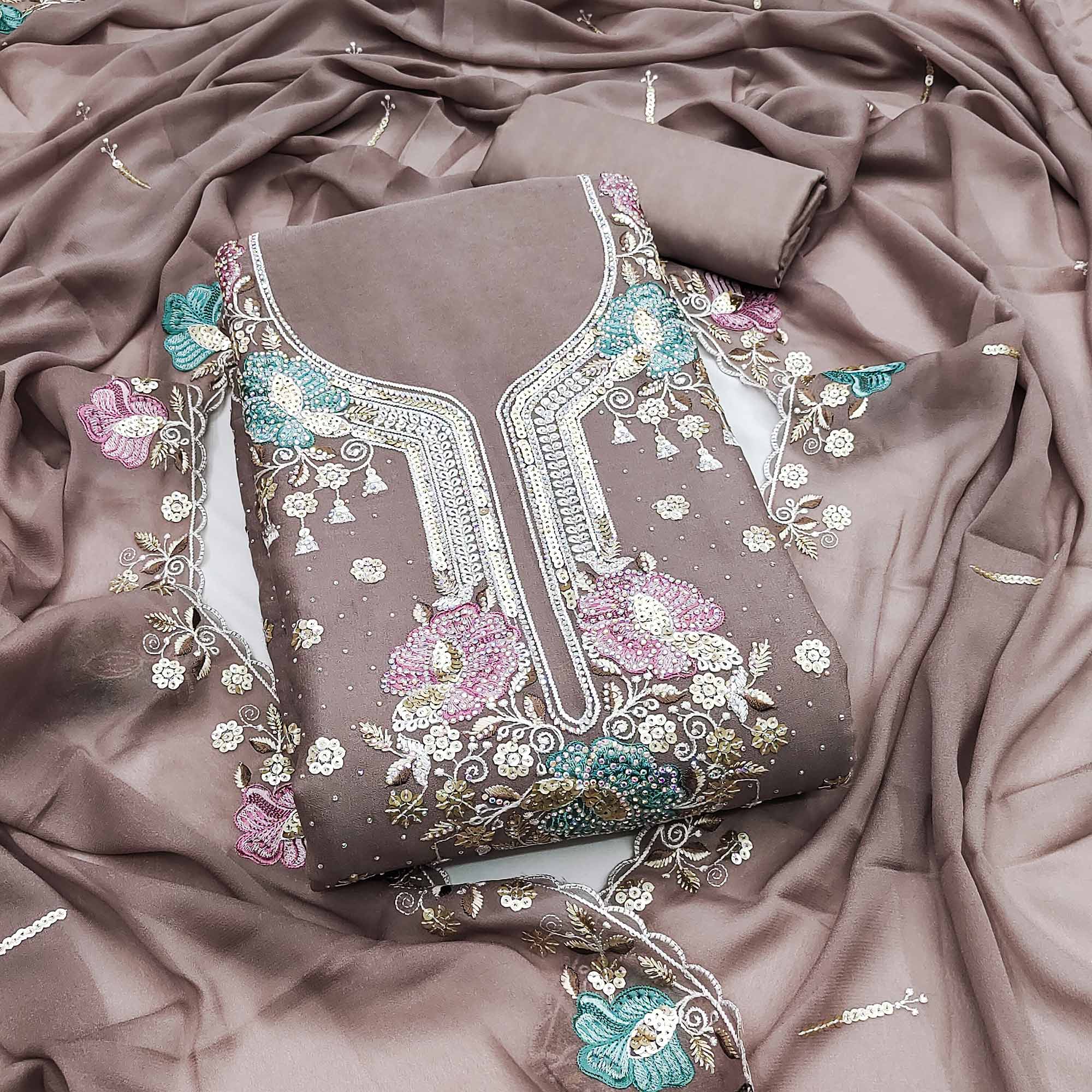 Dusty Brown Floral Sequins Embroidery With Stonework Dress Material In Viscose