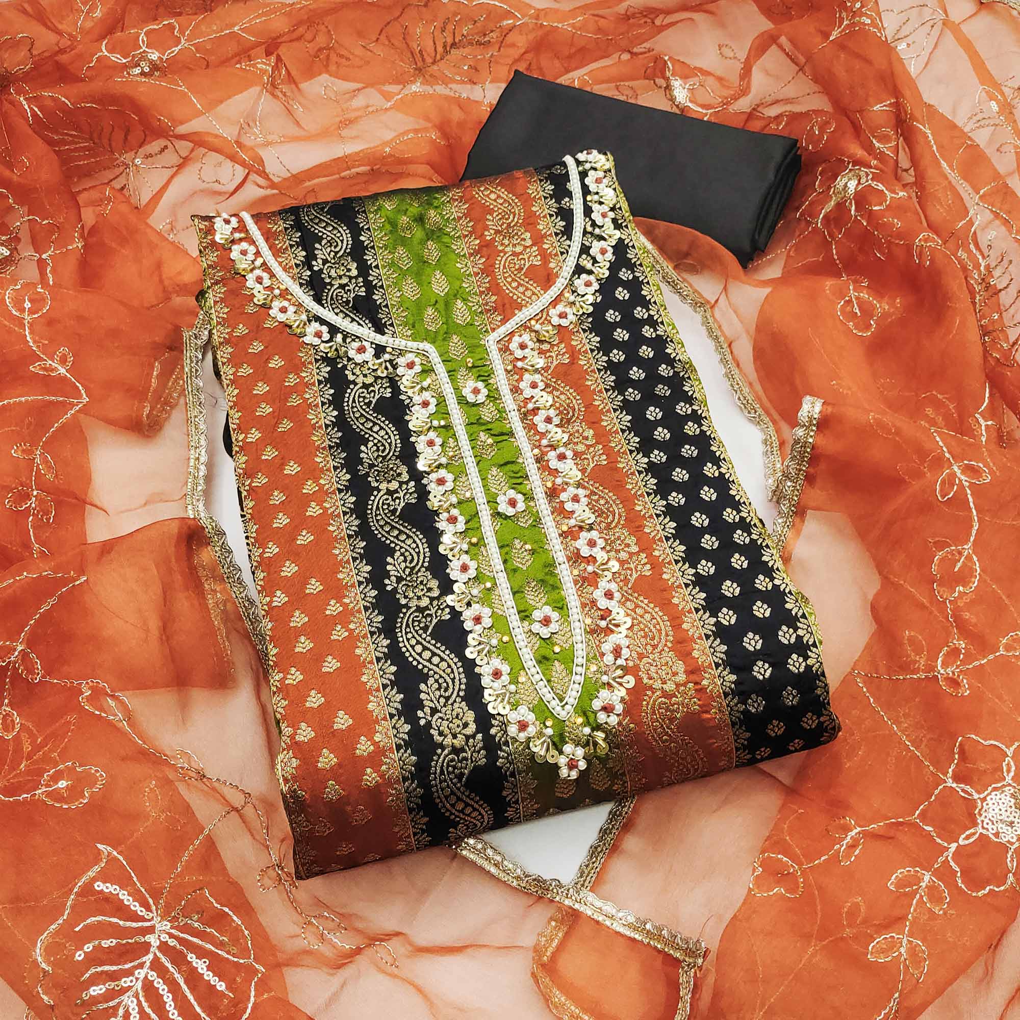 Black Banarasi Silk Jacquard Dress Material With Floral Woven Handwork Detailing