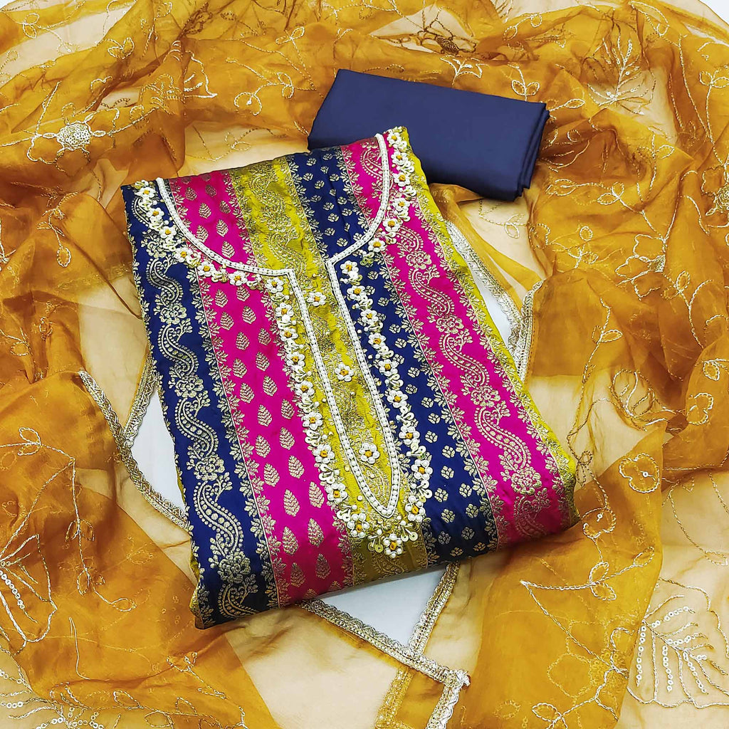 Navy Blue Banarasi Silk Jacquard Dress Material With Floral Woven Handwork Detailing