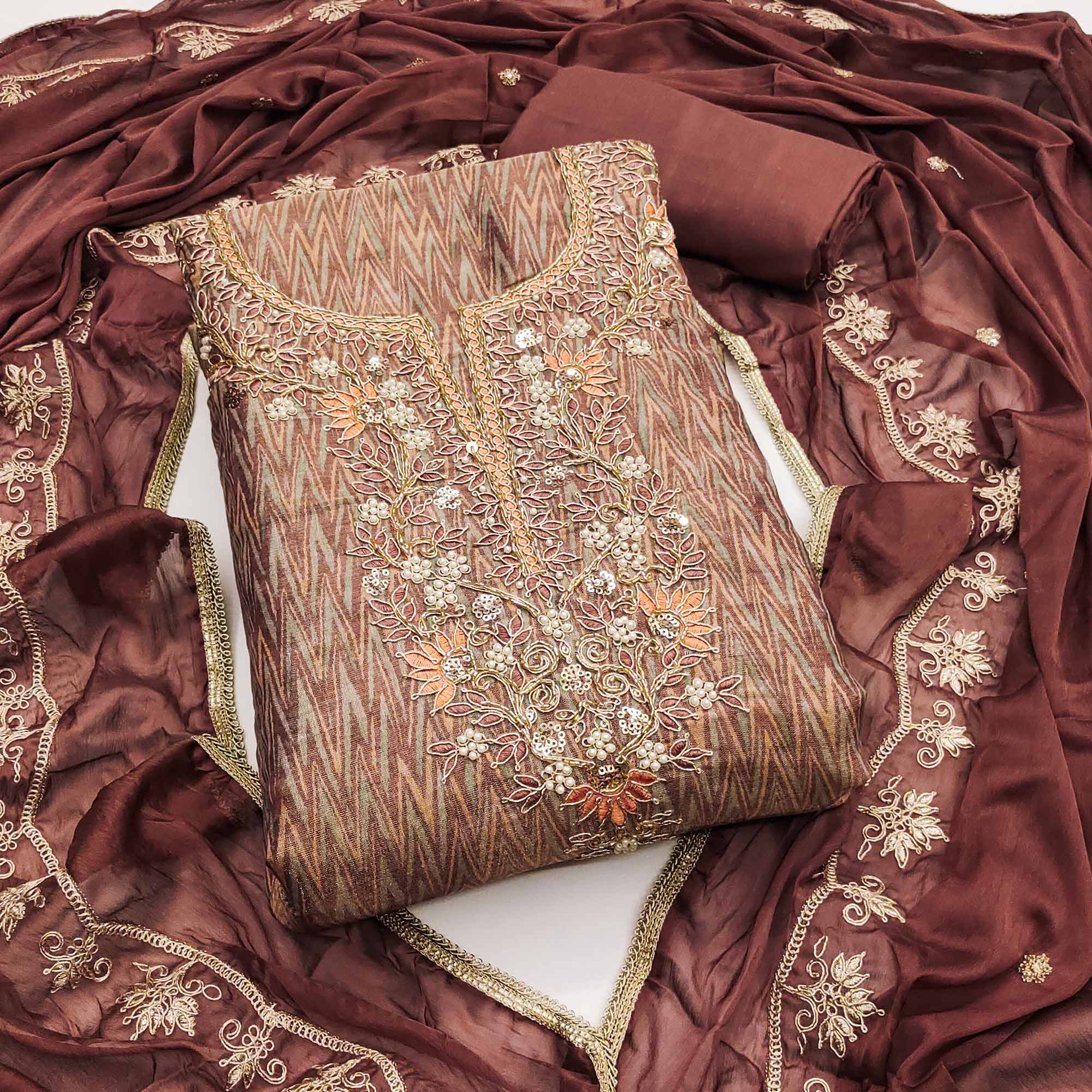 Festive Ready Brown Dress Material in Cotton Silk with Exquisite Hand Embroidery