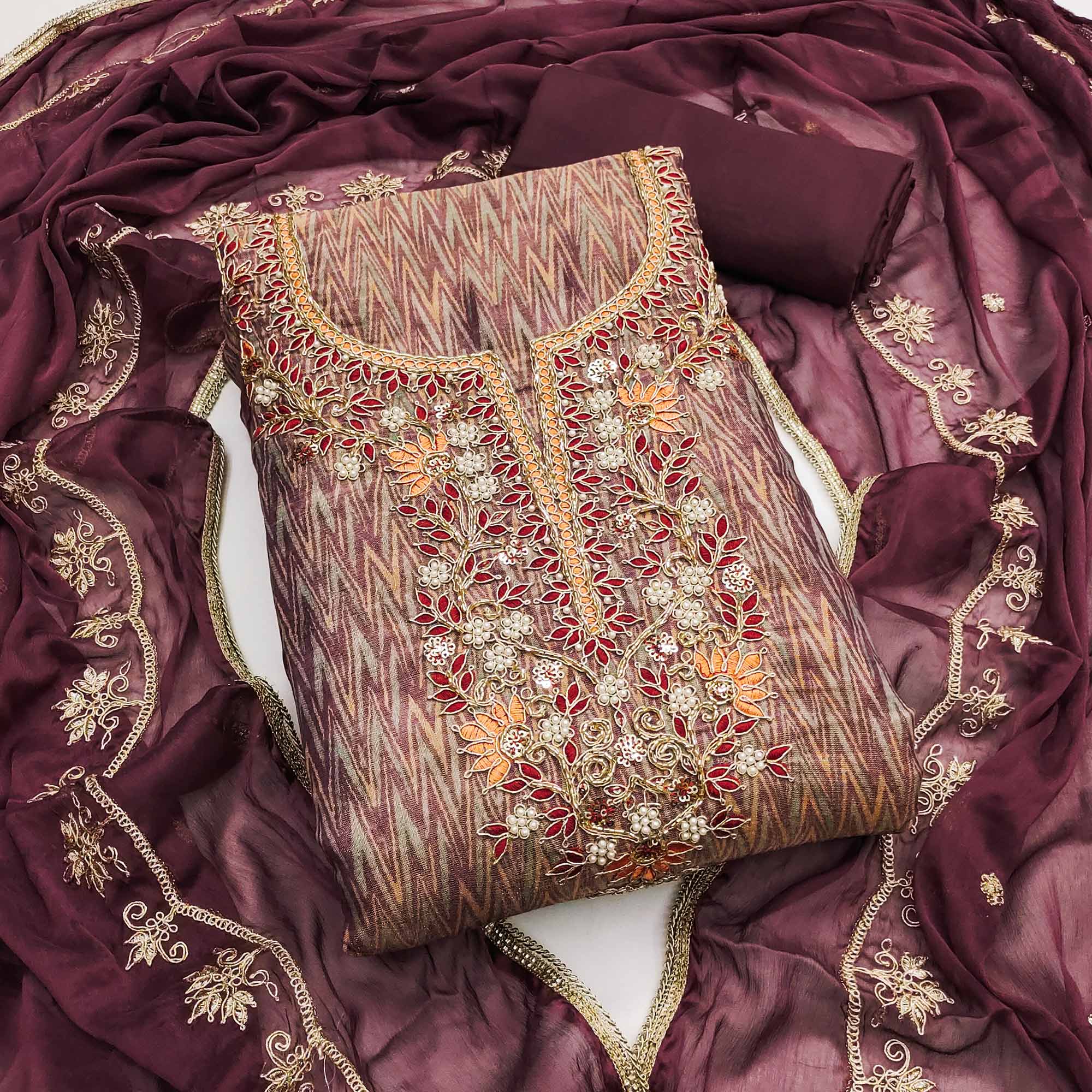 Festive Ready Wine Dress Material in Cotton Silk with Exquisite Hand Embroidery