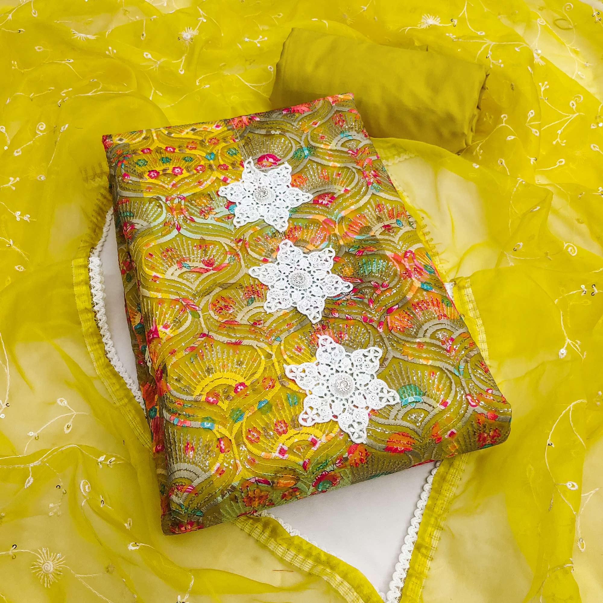 Festive Ready Lemon Green Heavy Embroidered Dress Material in Roman Cotton Silk Fabric