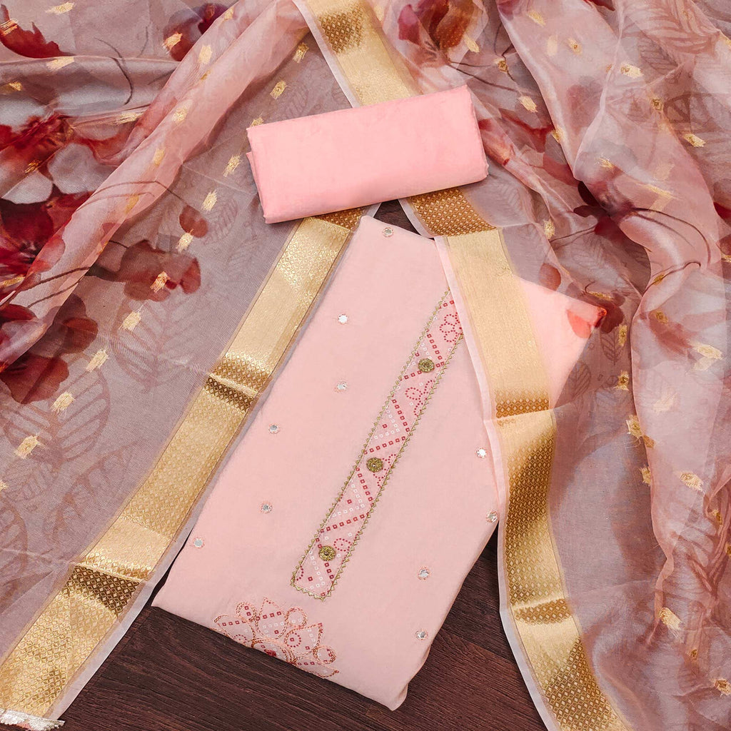 Peach Cotton Silk Dress Material With Intricate Thread Embroidery With Handwork