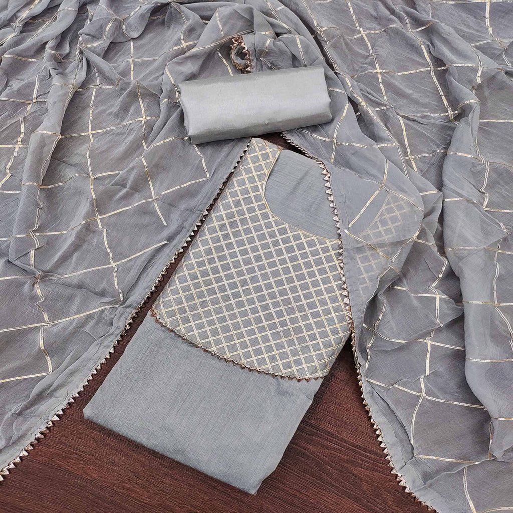 Grey Dress Material in Modal Chanderi Silk With Traditional Gota Patti Embellishments