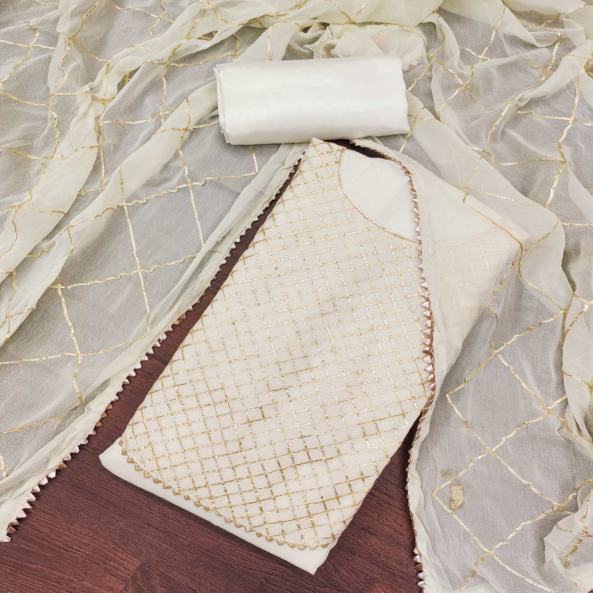 Offwhite Dress Material in Modal Chanderi Silk With Traditional Gota Patti Embellishments