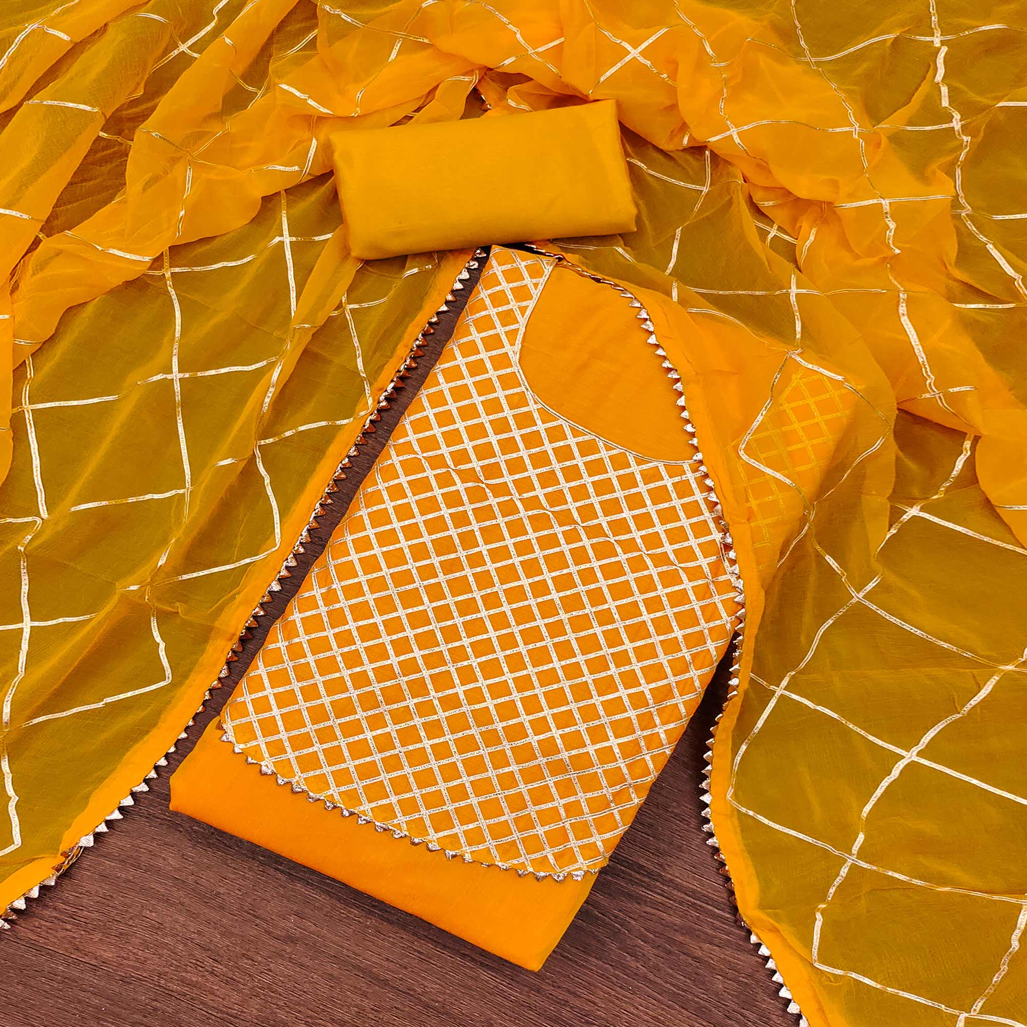 Orange Dress Material in Modal Chanderi Silk With Traditional Gota Patti Embellishments