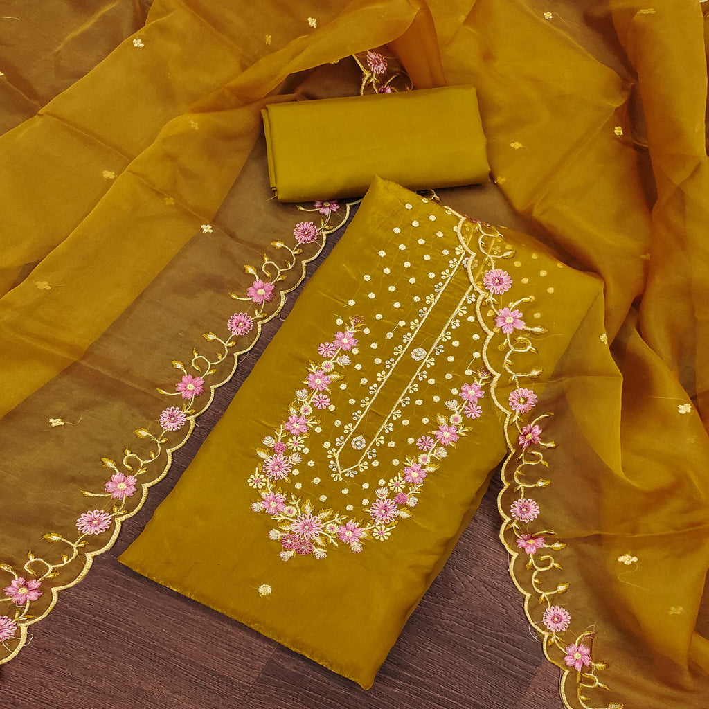 Dark Mustard Dress Material In Viscose With Intricate Floral Sequins Embroidery & Handwork
