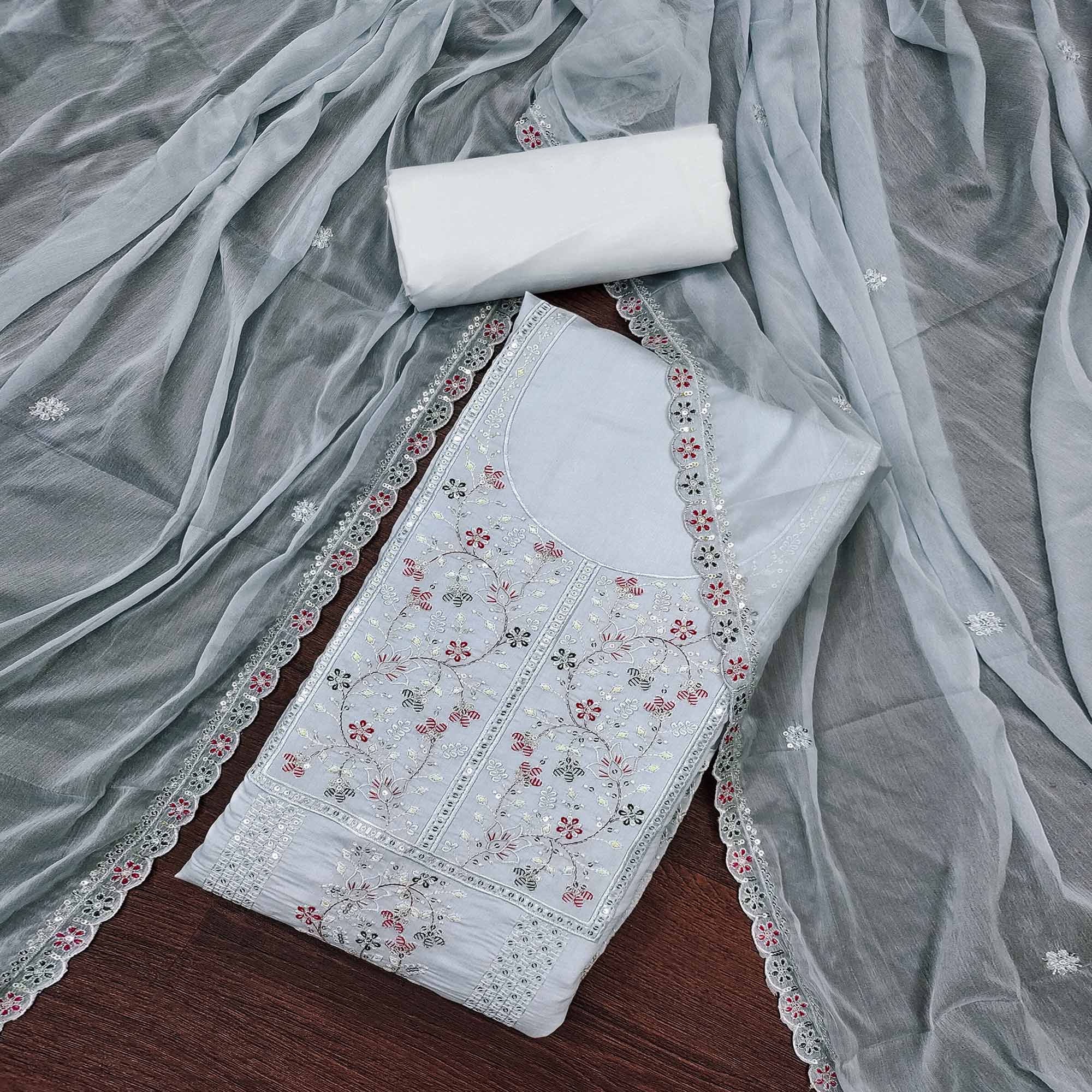 Grey Floral Embroidered Cotton Silk Dress Material With Glimmering Floral Sequins Work