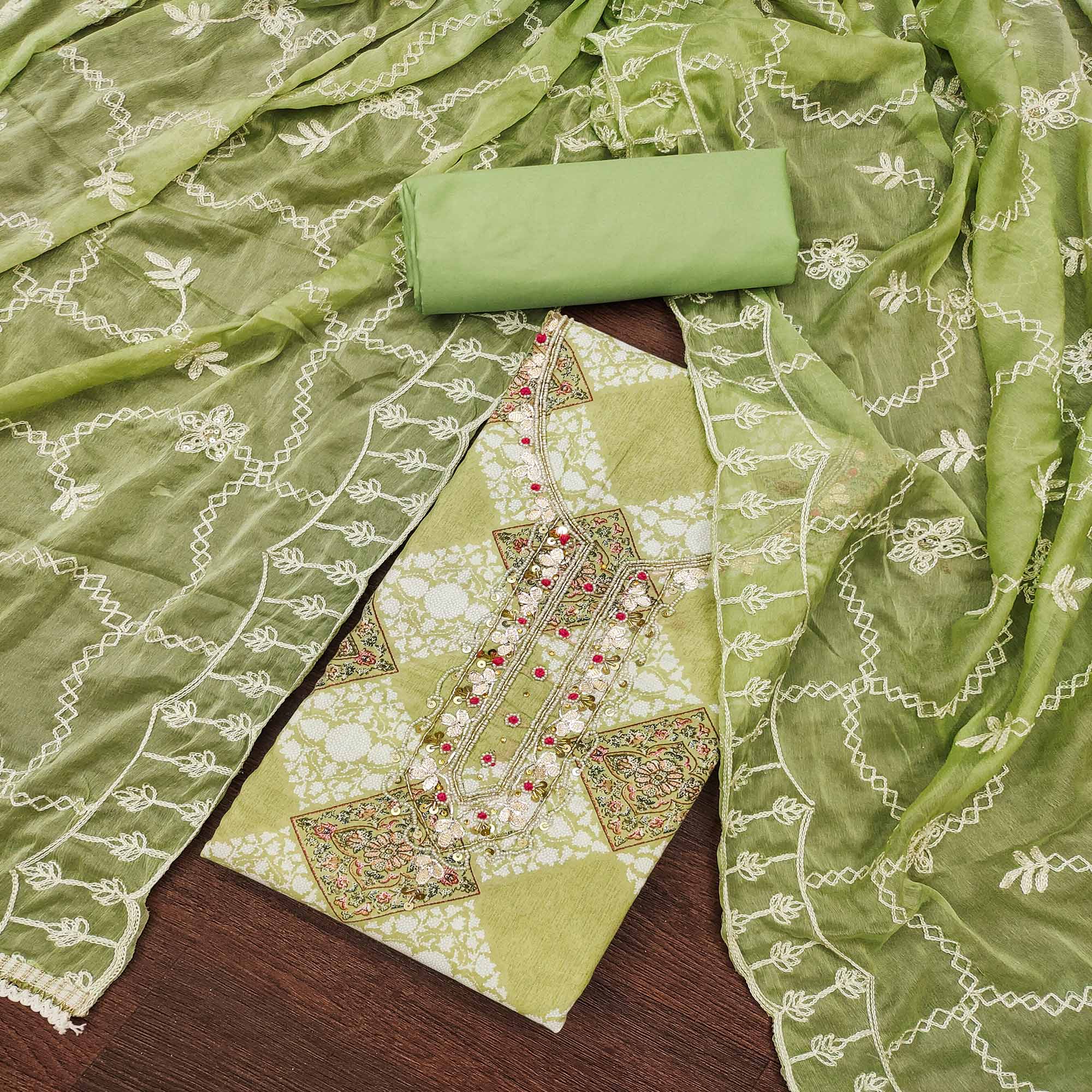 Green Floral Printed Green Pure Cotton Dress Material With Moti & Gota Patti Handwork Embellishment