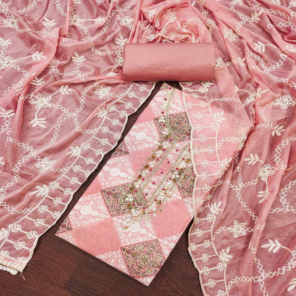 Peach Floral Printed Green Pure Cotton Dress Material With Moti & Gota Patti Handwork Embellishment