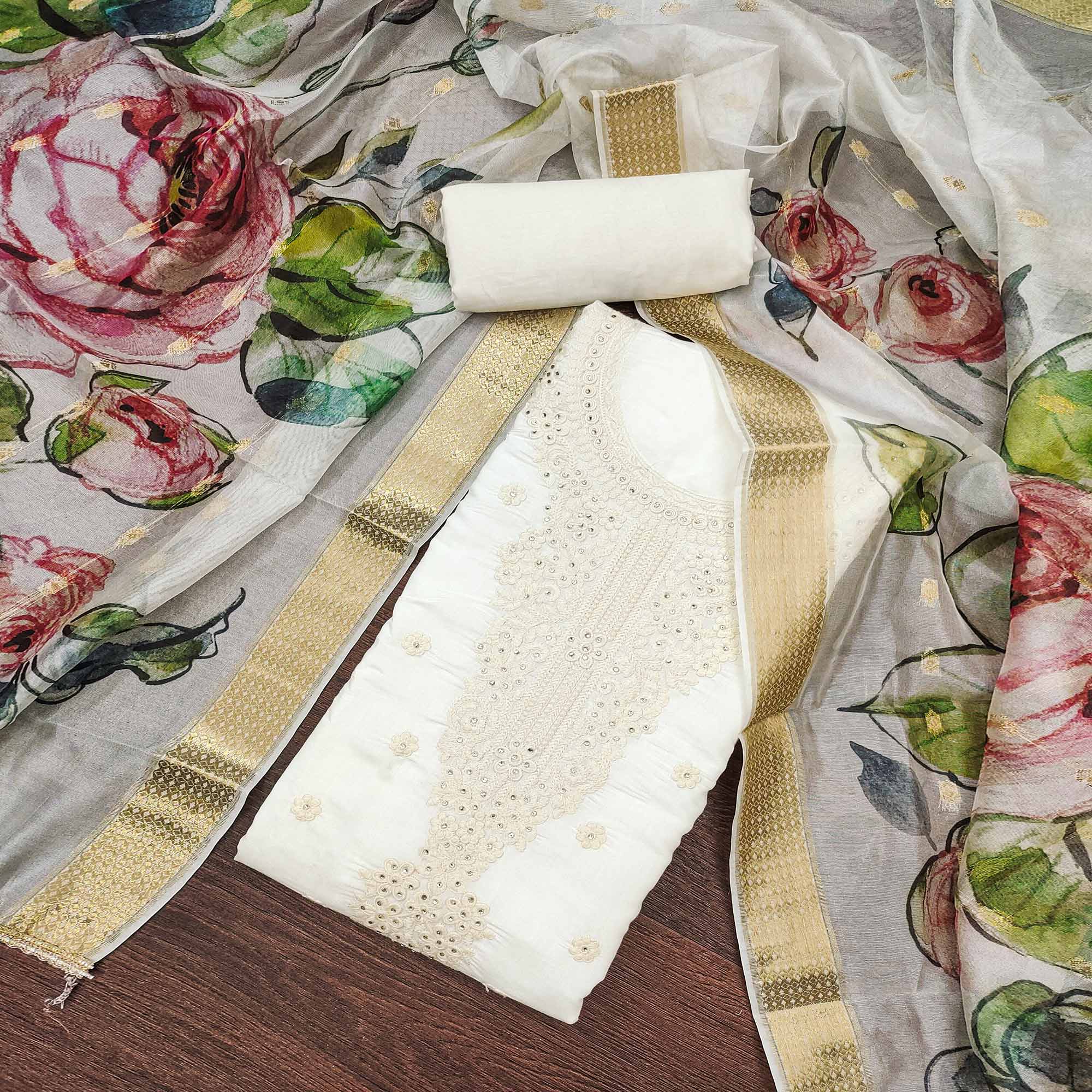 Offwhite Thread Embroidered Cotton Silk Dress Material With Floral Motifs & Stone Work