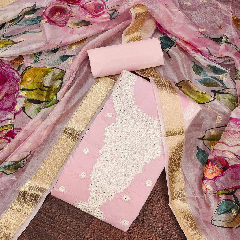 Pink Thread Embroidered Cotton Silk Dress Material With Floral Motifs & Stone Work