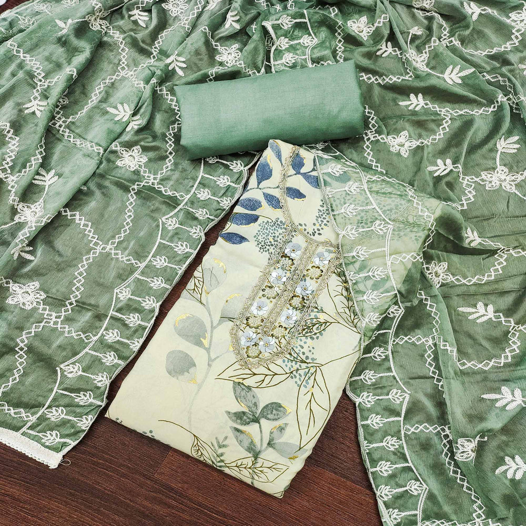 Cream & Green Floral Printed Pure Cotton Dress Material With Intricate Moti & Stones work