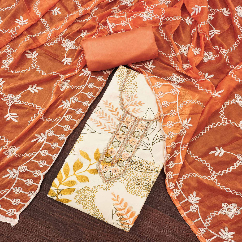 Cream & Orange Floral Printed Pure Cotton Dress Material With Intricate Moti & Stones work