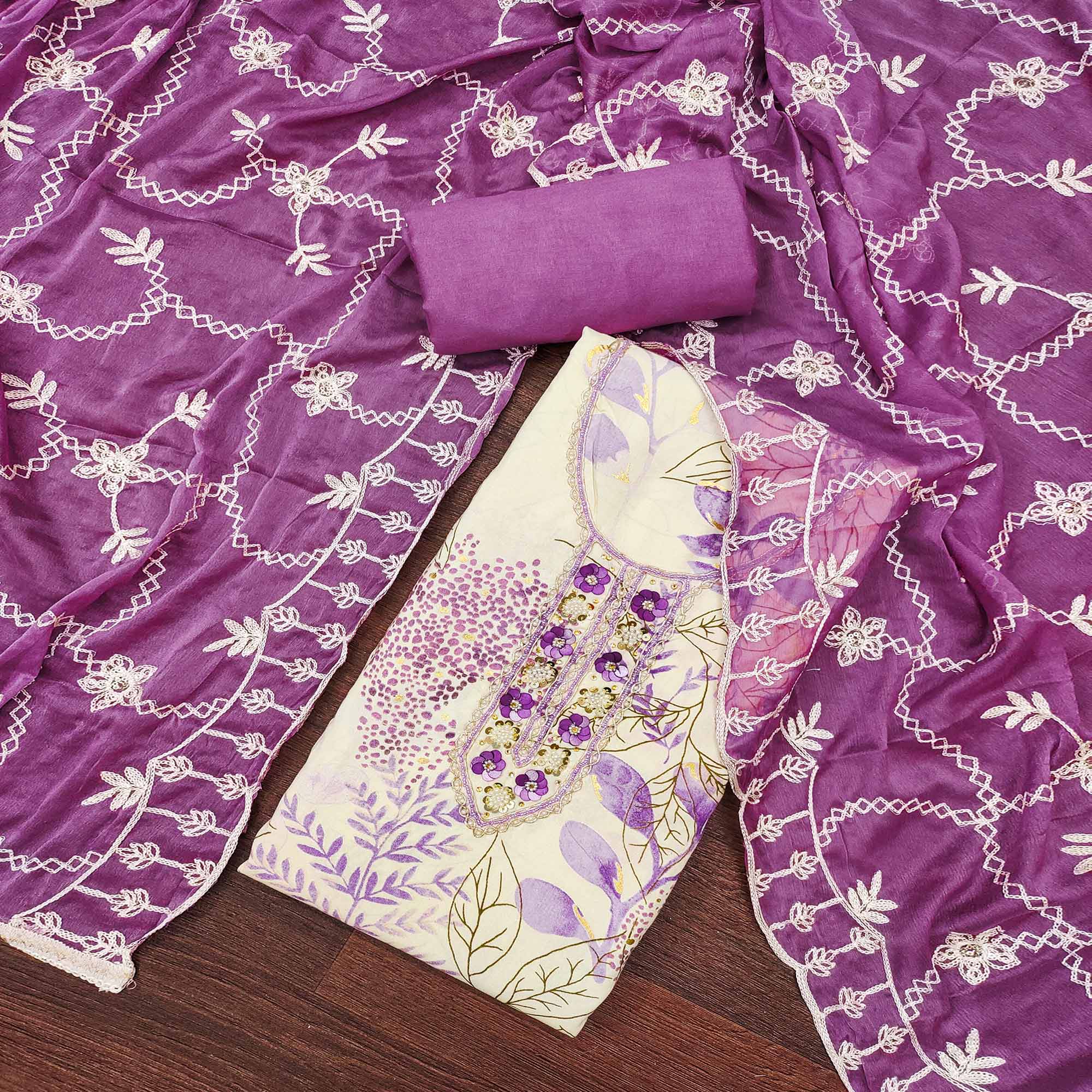 Cream & Purple Floral Printed Pure Cotton Dress Material With Intricate Moti & Stones work
