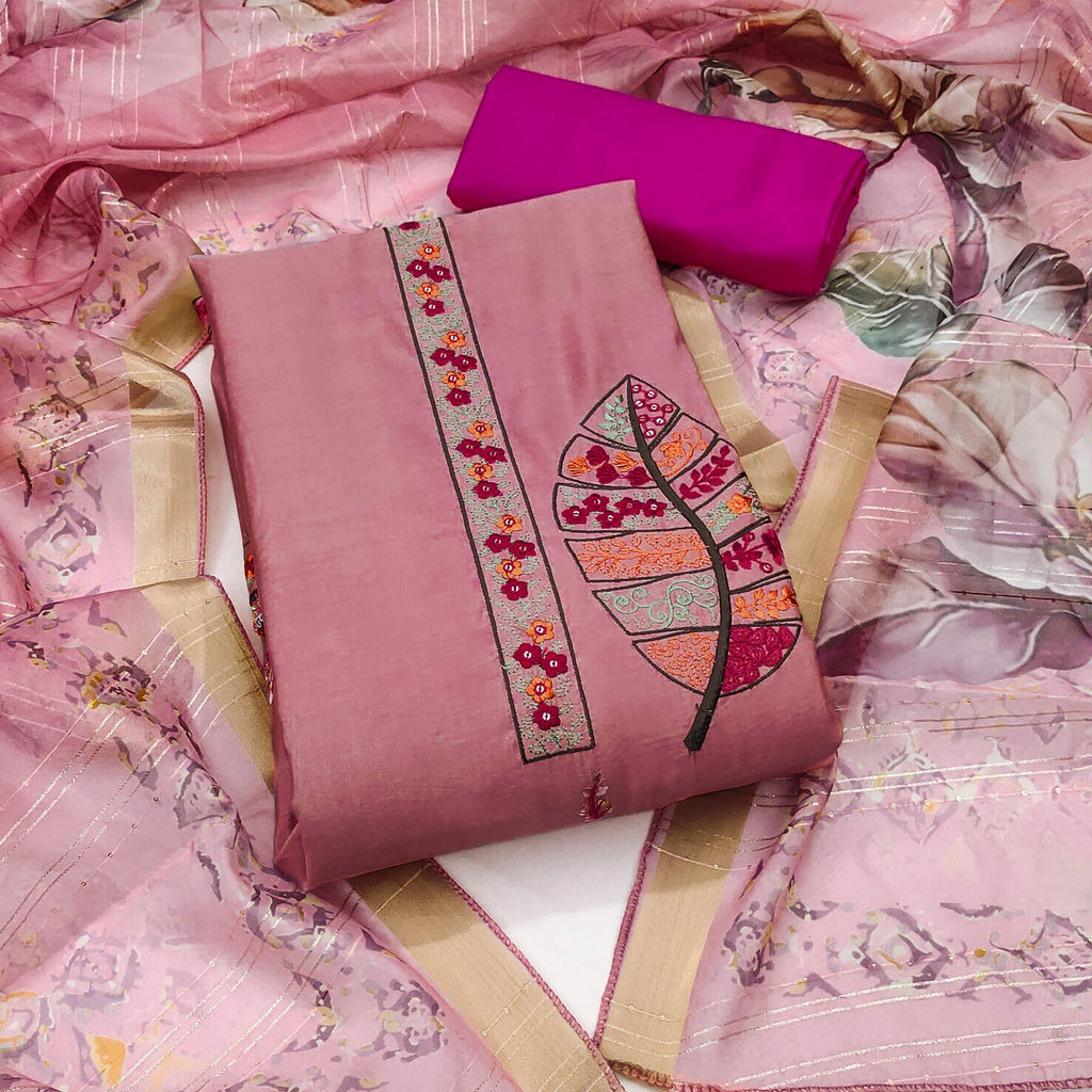 Peach Delight Floral Sequins Embroidered Cotton Silk Dress Material