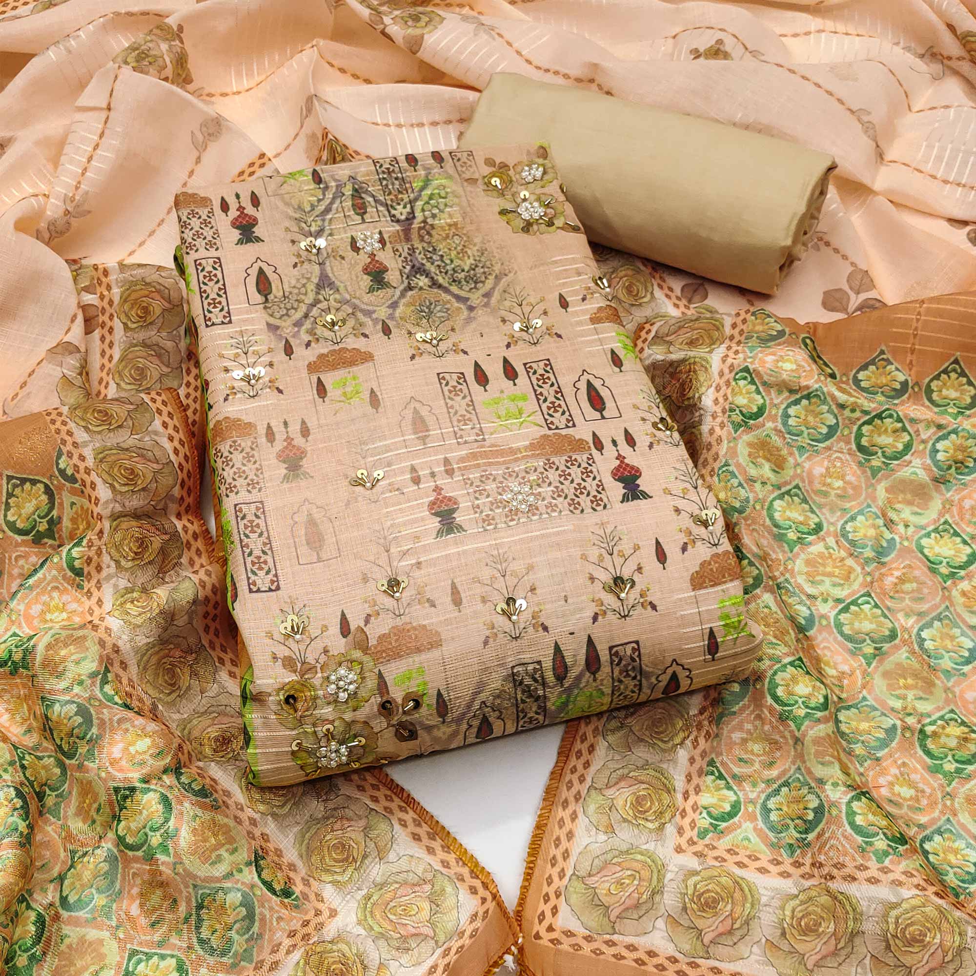 Mustard Digital Printed Viscose Cotton Dress Material With Intricate Moti & Sequins Handwork