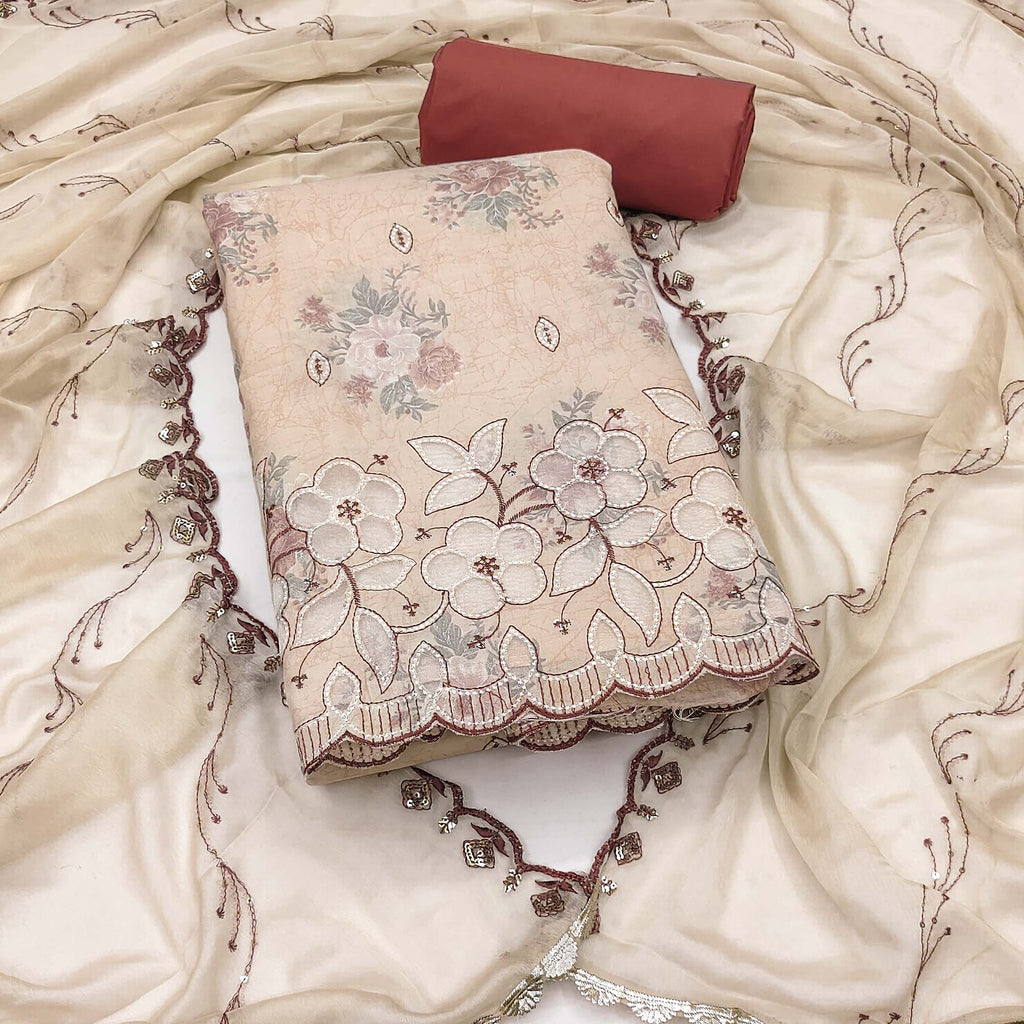 Cream Floral Cambric Cotton Dress Material With Elegant Embroidery Work