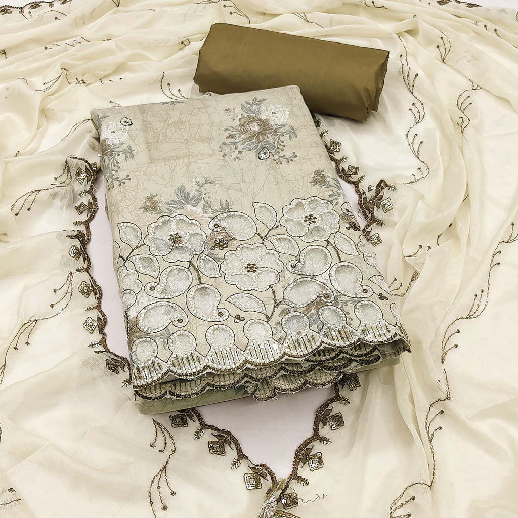 Mehendi Green Floral Cambric Cotton Dress Material With Elegant Embroidery Work