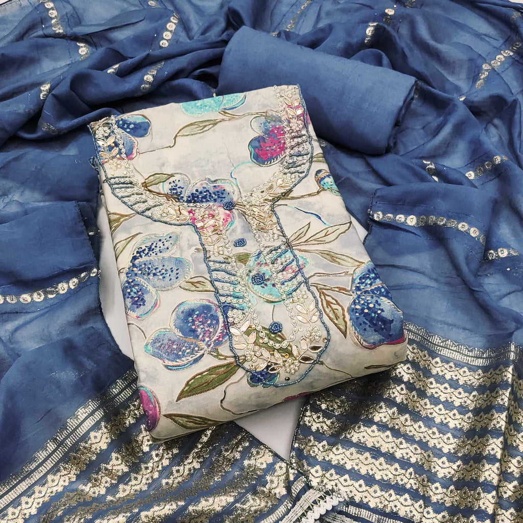 Blue In Jam Cotton with Floral Print & Intricate Moti Handwork Dress Material