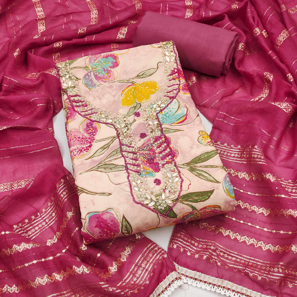 Pink In Jam Cotton with Floral Print & Intricate Moti Handwork Dress Material