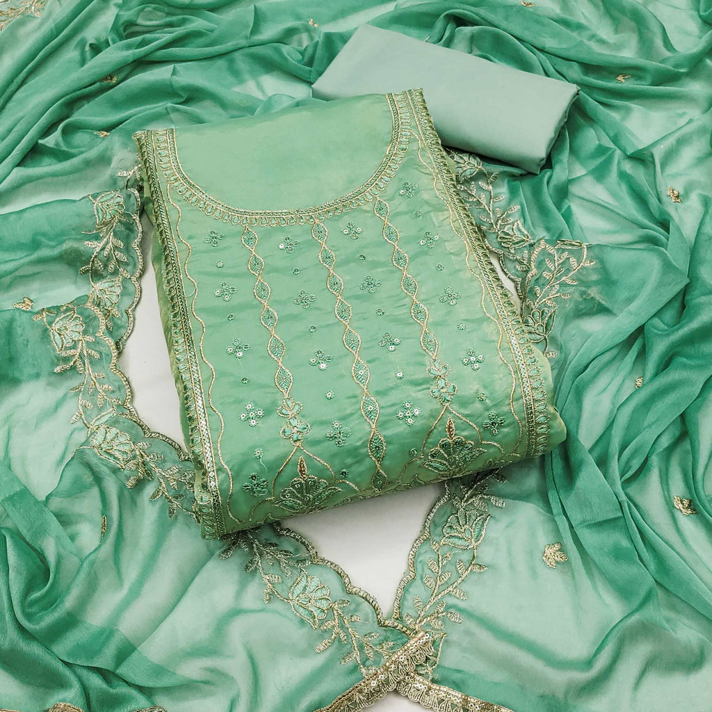 Green Floral Elegance With Sequins Embroidery On Viscose Satin Dress Material